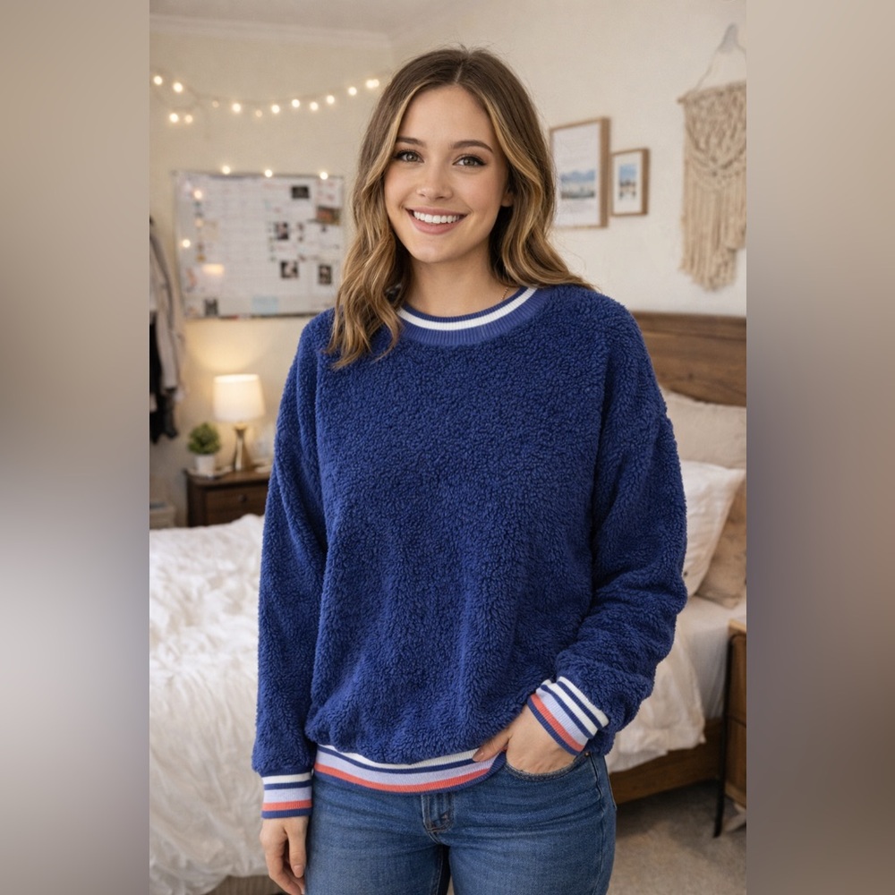 Aerie Sherpa Cozy Navy Blue Fleece Fuzzy Oversized Crewneck Sweater Size S